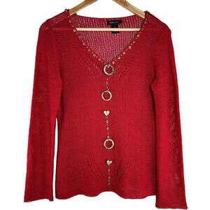Vintage BCBGMAXAZRIA Sweater Size L Red with Wooden Beads Y2K Boho Twee